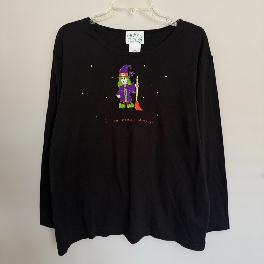 Quacker Factory Witch Embroidered Long Sleeve Shirt Plus Sz 1X Halloween Quirky